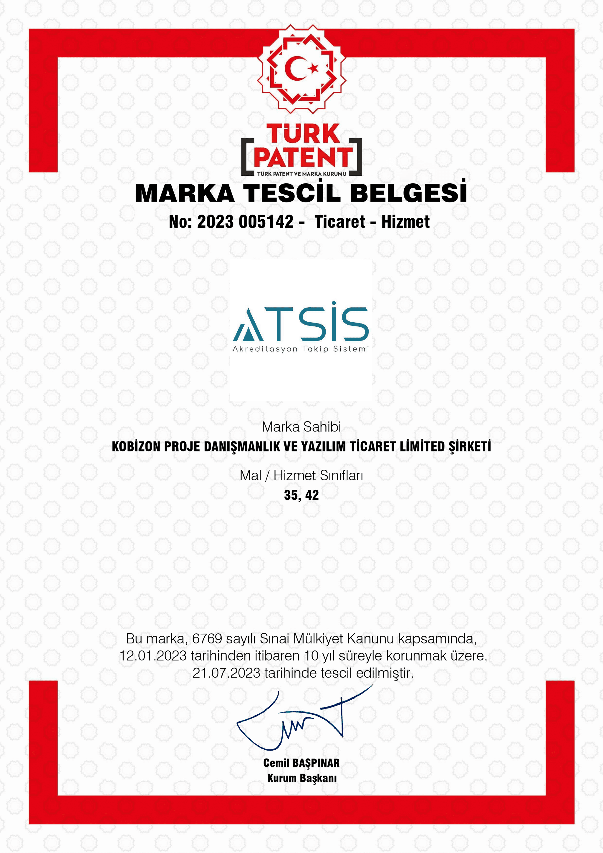 ATSİS Akreditasyon Takip Sistemi marka tescil belgesi