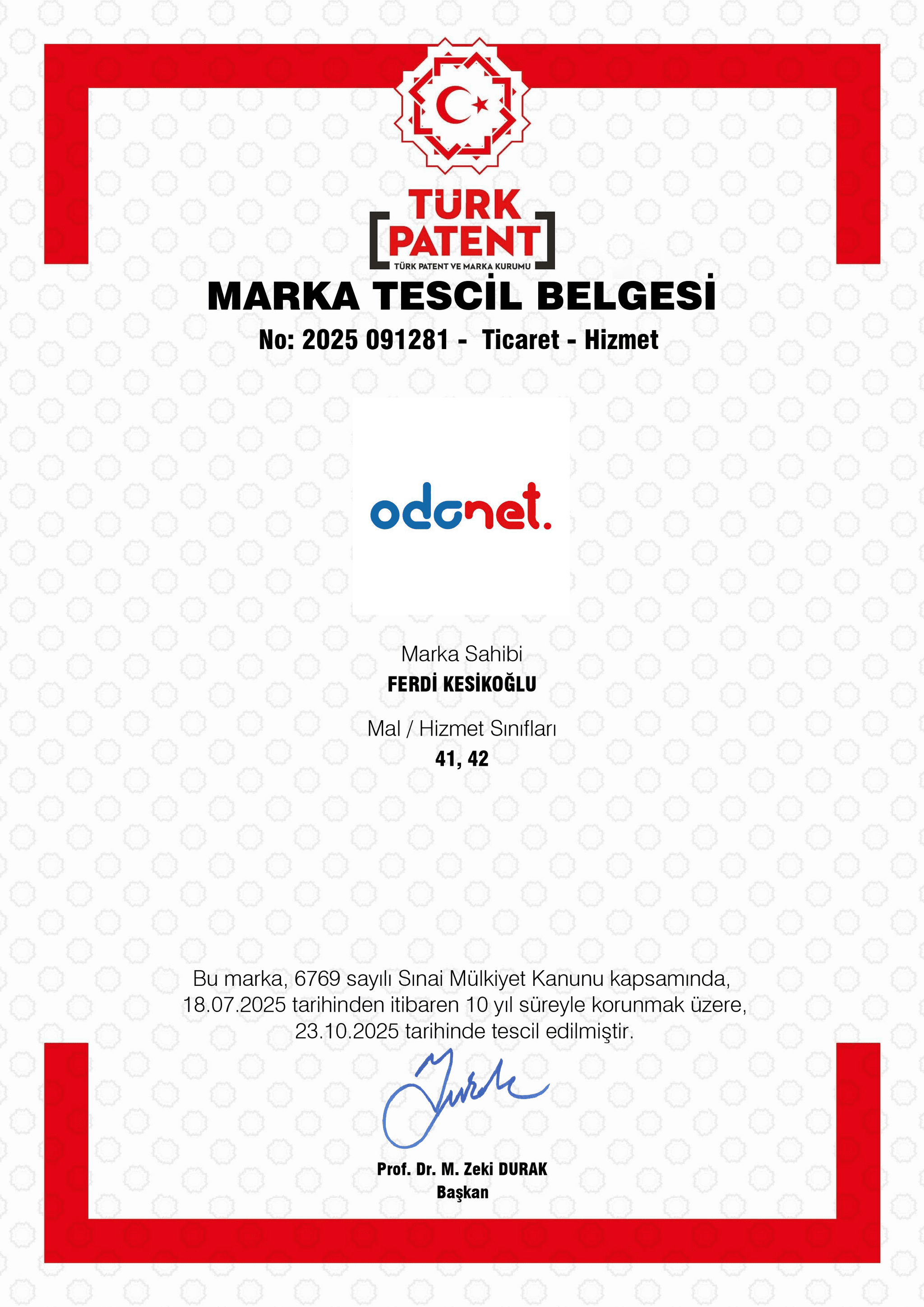 ODANET marka tescil belgesi
